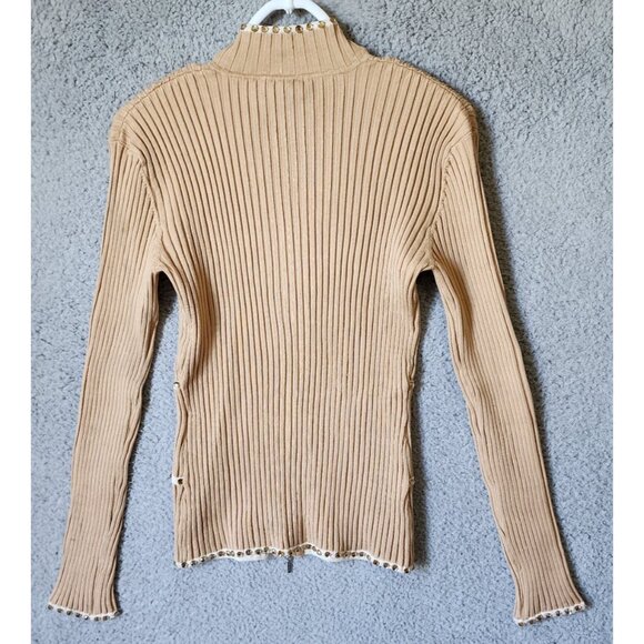 Vtg Y2K Cache Women's L Long Sleeve Zip Up Ribbed Stretch Top Rhinestones Beige - Picture 11 of 12